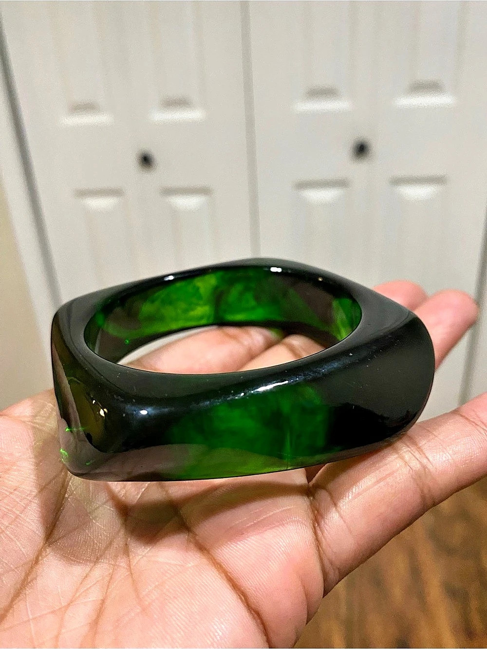 Dark Green Swirl Pattern Sculptural Acrylic Bangle Bracelet